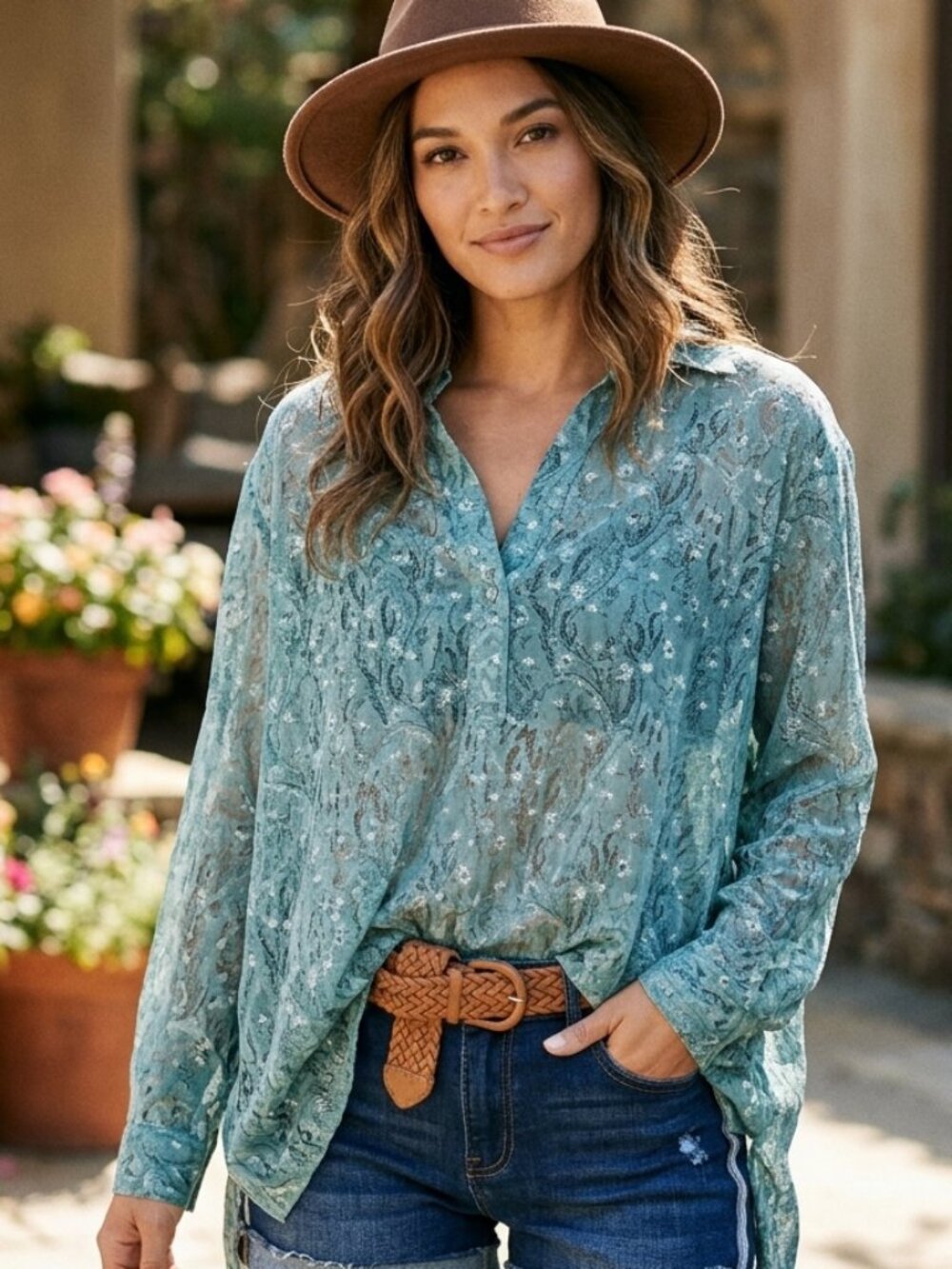 CAbi Chase Blouse Field Of Flowers Blue Semi-Sheer Style #3761 Size S